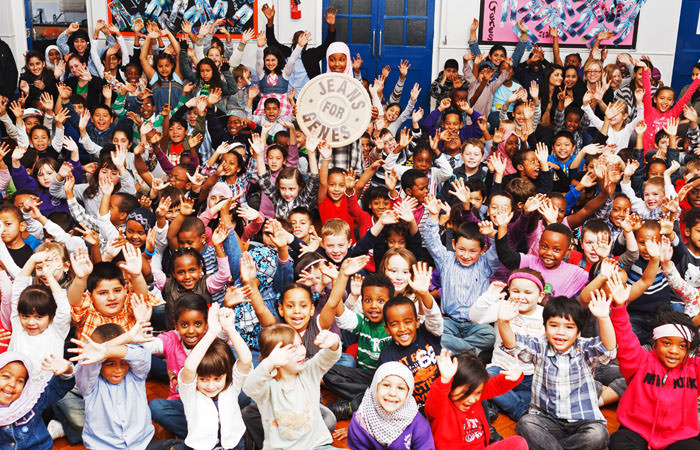 Photograph of children at school taking part in Jeans for Genes day