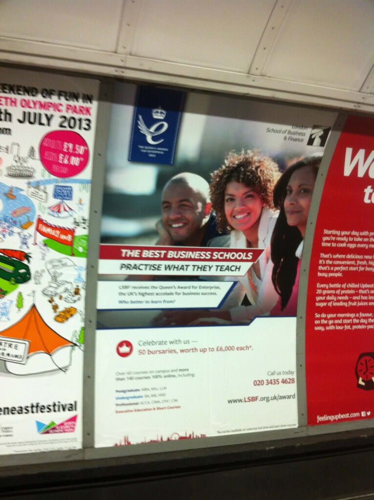 London School of Business and Finance - Rebranding and Advertising Photography 7 Advertising photography appearing on underground station billboard in London