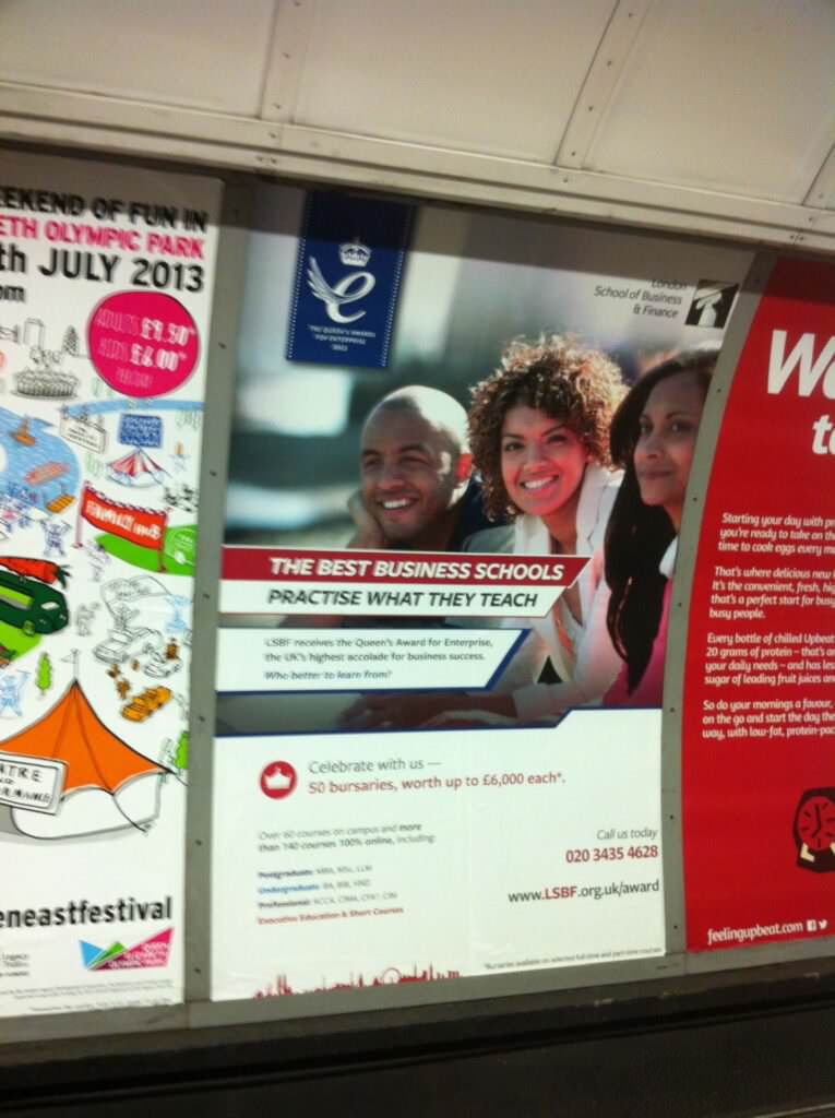 London School of Business and Finance - Rebranding and Advertising Photography 7 Advertising photography appearing on underground station billboard in London