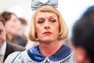 Photograph of Grayson Perry at corporate event evening - dressed as his alter ego Claire