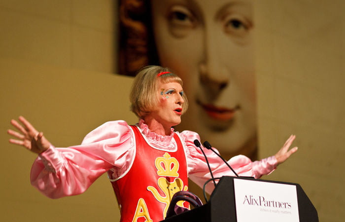 Photograph of Grayson Perry in London during evening event, which he was speaking at