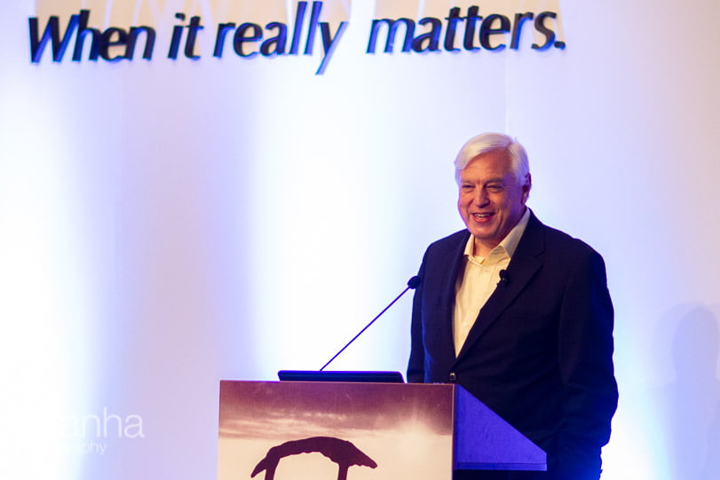 John Simpson speaking at corporate conference in Budapest