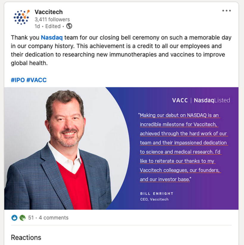 LinkedIn post using Piranha Photography's picture of CEO