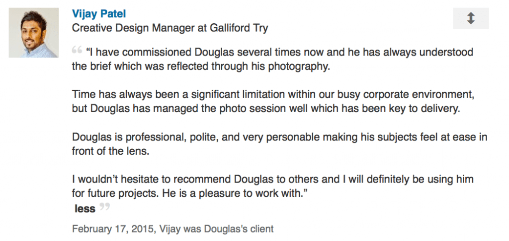LinkedIn review of photography by Design Manager