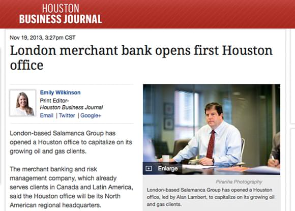 Houston Business Journal Article about London Merchant Bank, Photograph by Piranha 1 Article in Business Magazine