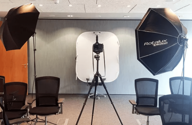 Photographers portable studio equipment - lighting and backdrop in London offices