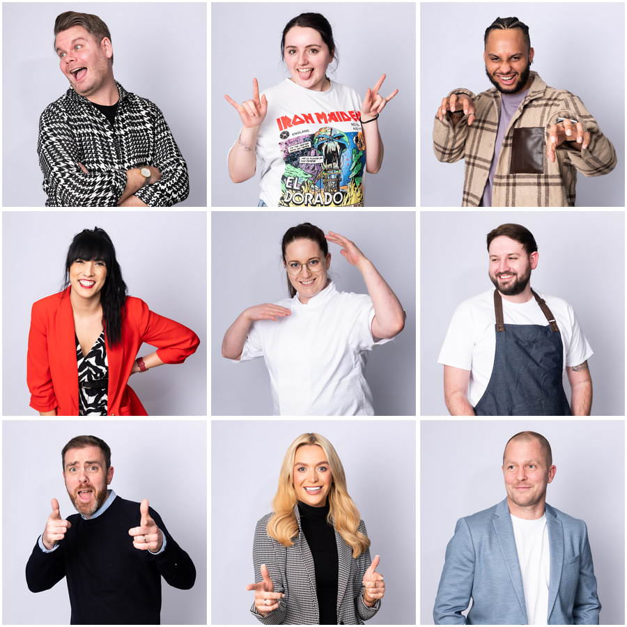 Headshot photographer London - a mix of fun headshot photographs taken of staff members against a white backdrop.