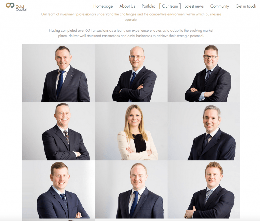 Private Equity Company Photography headshots on webpage