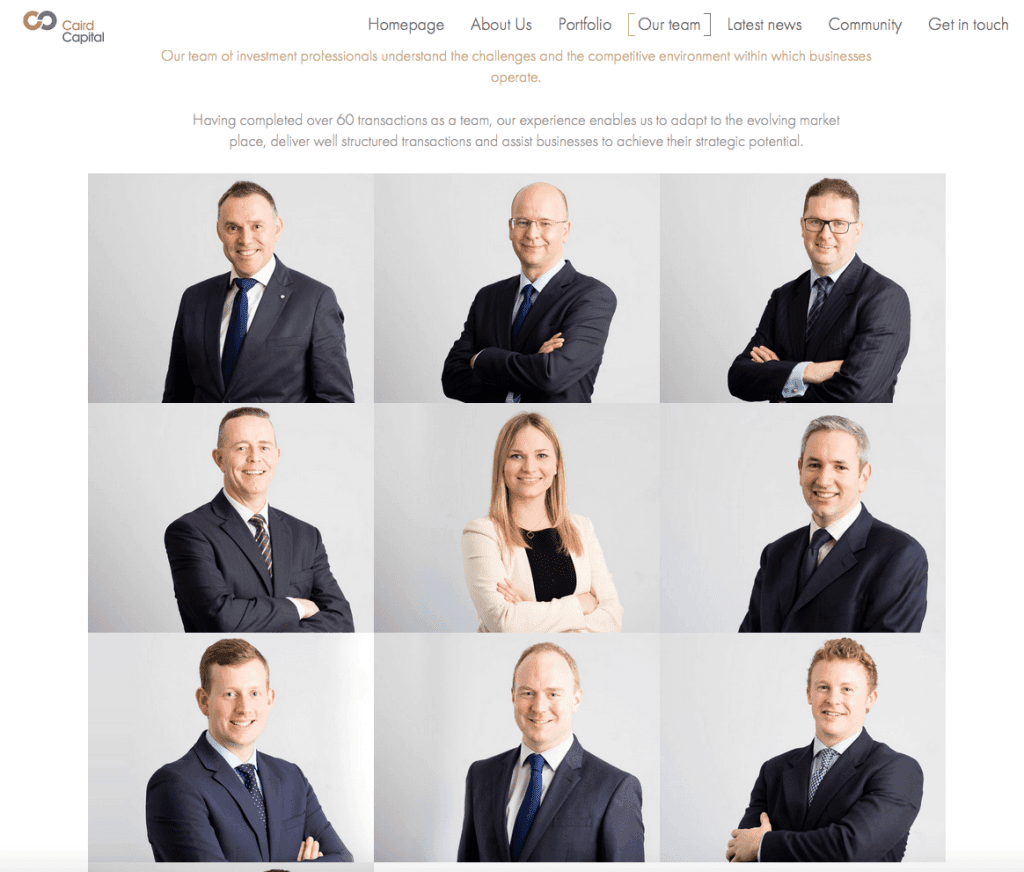 New Website Photography, Banner and Talking Head Video 17 Private Equity Company Photography headshots on webpage