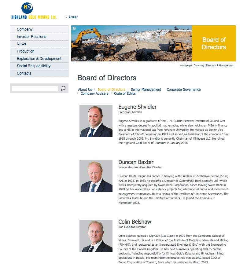 Webpage showing photogrpahs of board of directors
