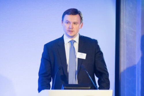 Photograph of speaker at company flotation day in London