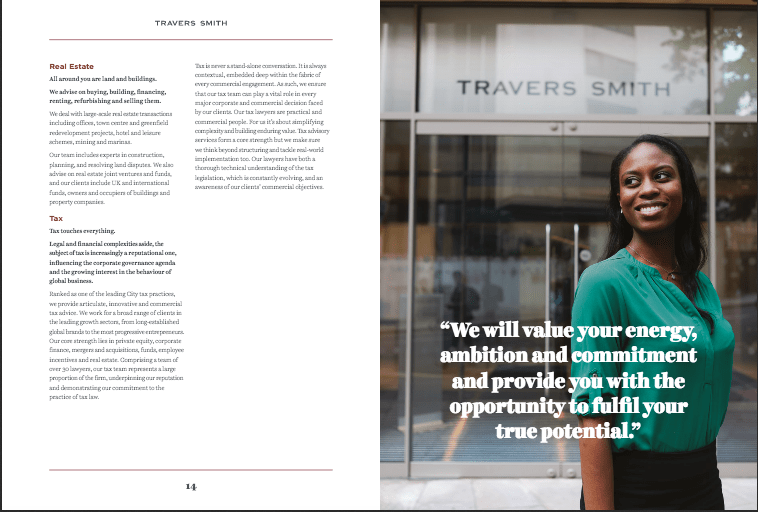 Graduate Recruitment Brochure for London Law Firm 3 Graduate outside law firms London offices showing logo