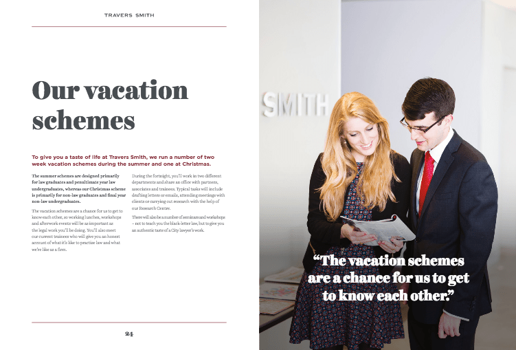Graduate Recruitment Brochure for London Law Firm 4 Graduate Brochure for Law Firm - 2 people together in conversation