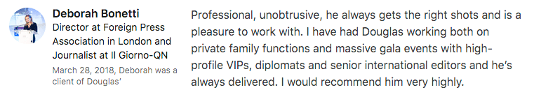 Review on LinkedIn by client of event photography