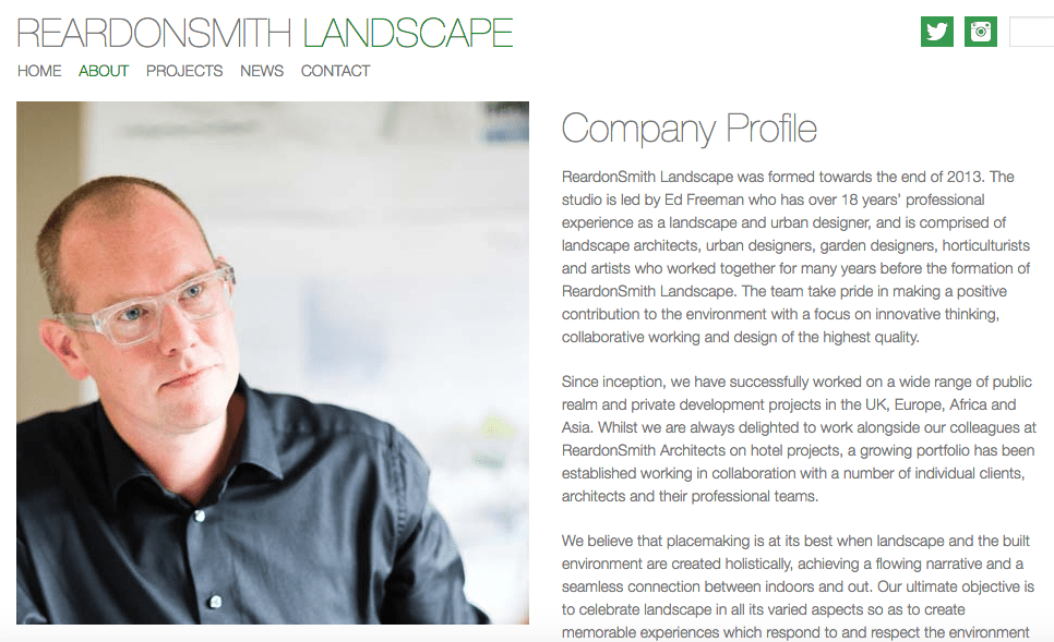Photograph of CEO next to company profile page on website Photograph of employee at architects fo 'About Us' page