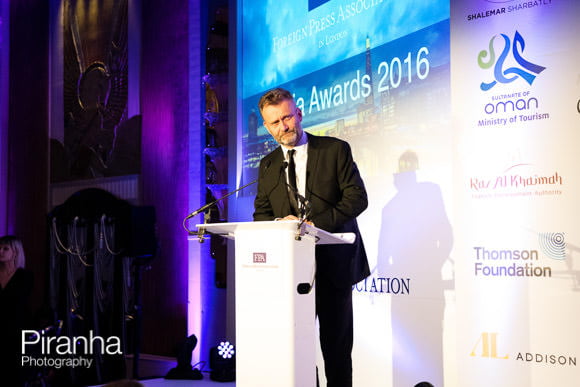 Awards Photography of the Foreign Press Association at the Sheraton Piccadilly 6 Hugh Dennis speaking at Awards in London