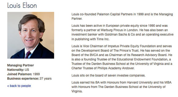 Screen grab of web page showing Director's photograph on Private Equity Company Web page