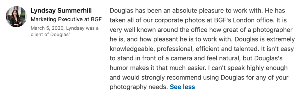LinkedIn recommendation from Private Equity client for portrait photography in London