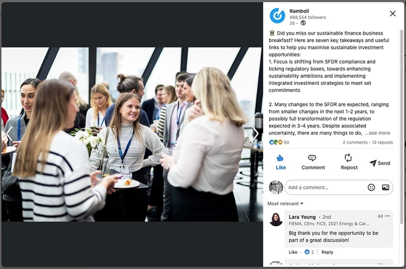 LinkedIn post featuring corporate photography of breakfast meeting 