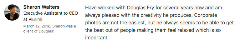 LinkedIn recommendation re PE company photography