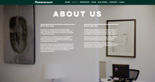 PR Website - home page - about us - screen grab