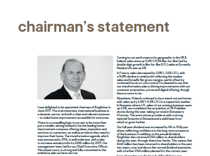 2018 Board Photography for Kingfisher plc Annual Report 4 Screen grab from Annual Report showing Chairman's photograph