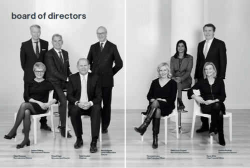 Group board photograph in annual report in black and white