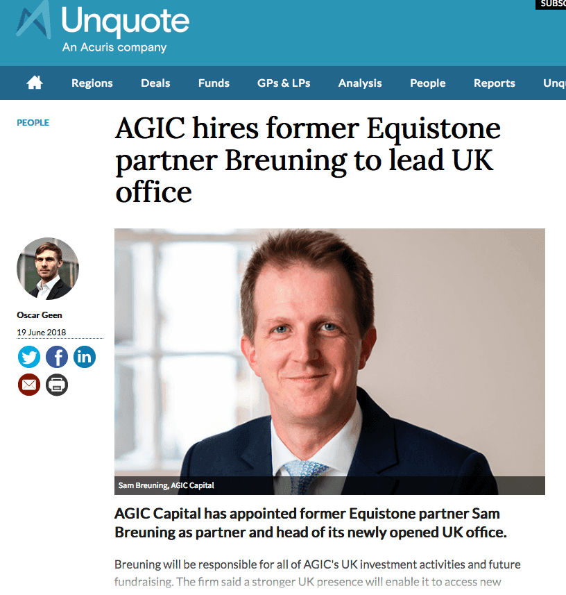 Private Equity Company news article about manager