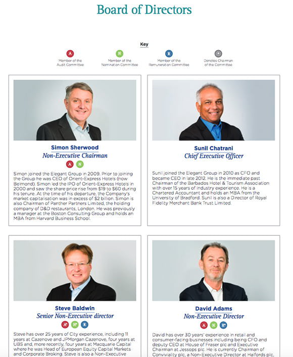 Directors photography on annual report board page for Elegant hotels