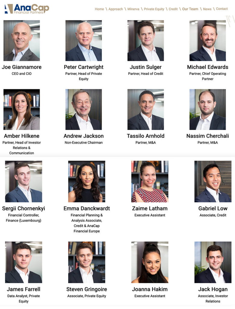 Private equity website page of staff