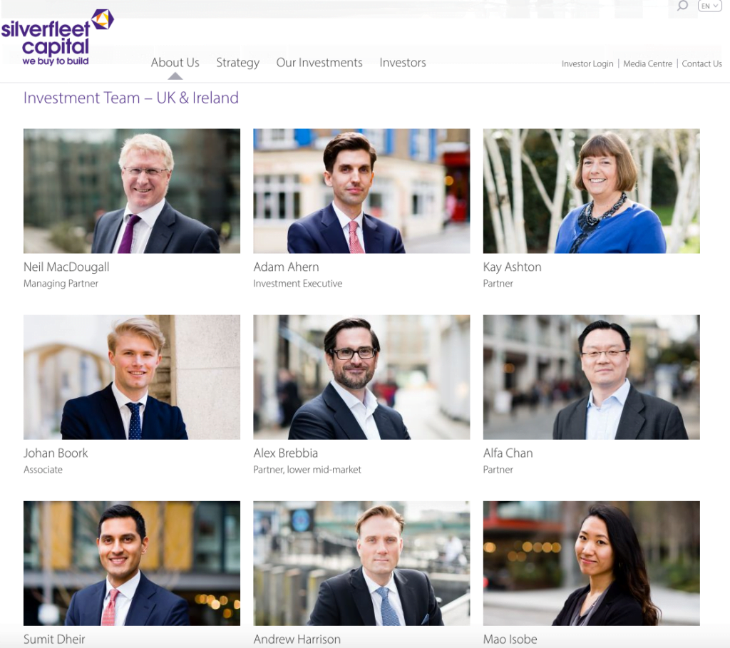 Team page of new private equity company website