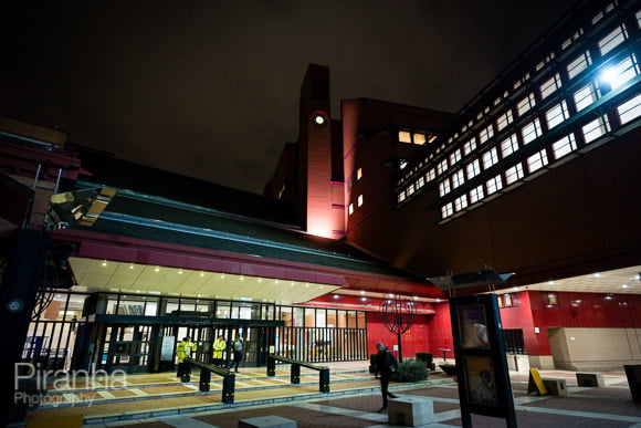 External photograph of British Library illuminated