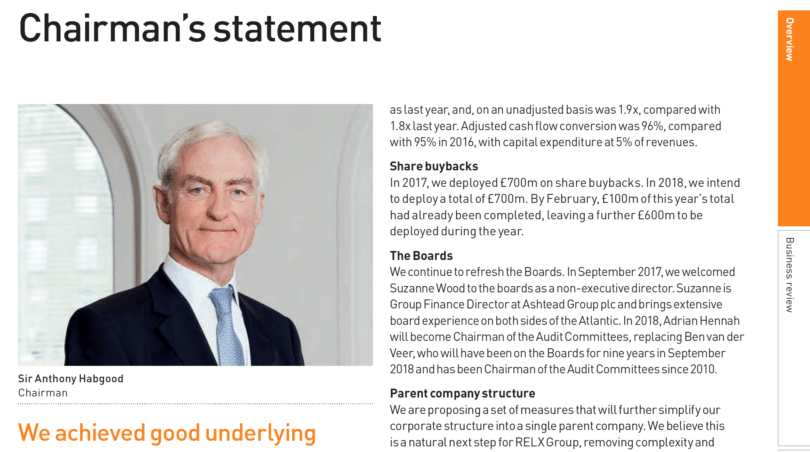 Photograph of Chairman next to his statement in annual report