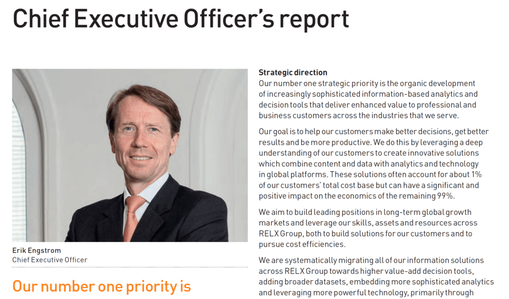 Photograph of CEO in annual report next to statement