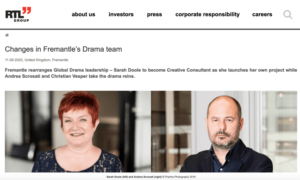 Senior Executives appearing in news story on tv production company website