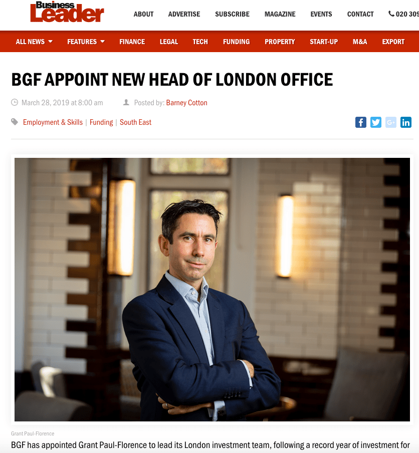 ‘Business Leader’ Articles Featuring Business Portraits of Private Equity Partners 2 Portrait Photograph taken by Piranha appearing in press coverage - PE company announcement