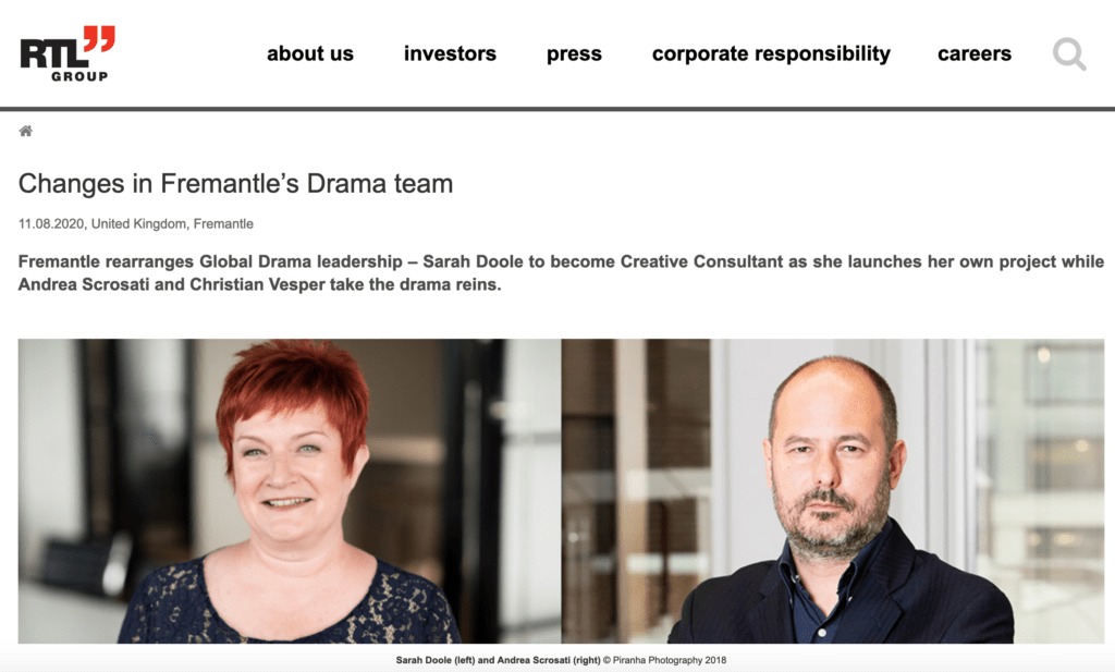 Senior Executives appearing in news story on tv production company website