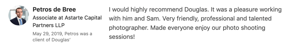 LinkedIn recommendation from PE client for their portraits in London