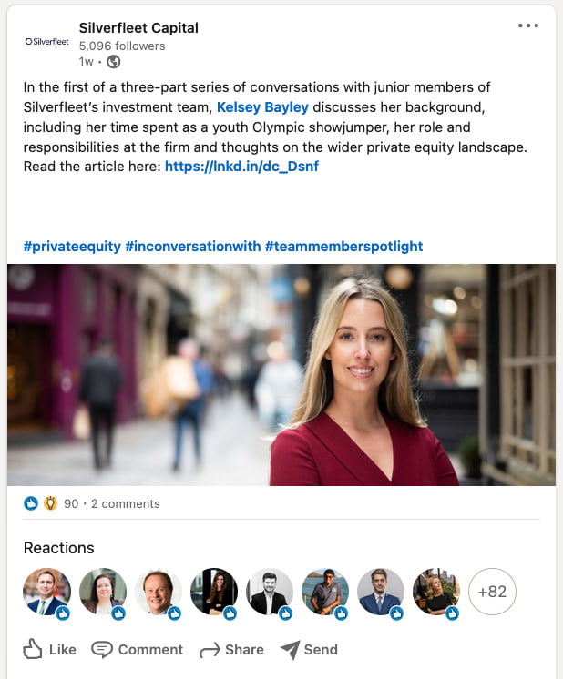 Private equity company posts on LinkedIn featuring photography by Piranha