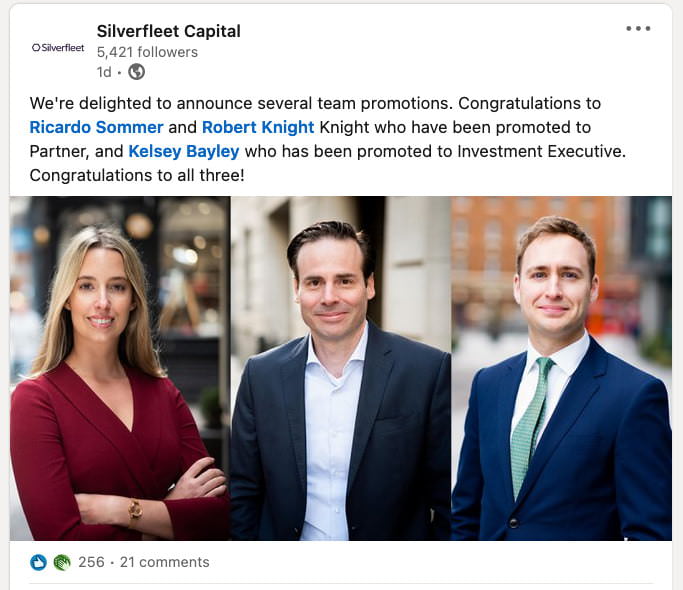 LinkedIn Portraits - Posts Featuring Photographs taken for Private Equity Client 3 LinkedIn post featuring 3 photographs by Piranha Photography