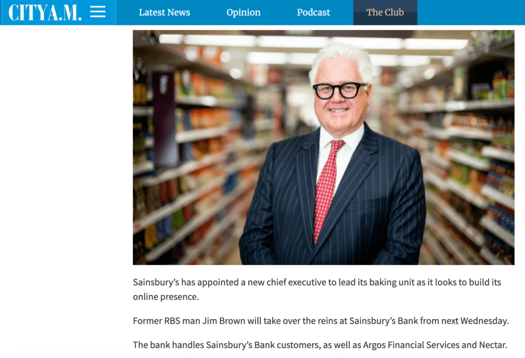 New Appointment Announcement at Sainsbury's Bank - Portrait of CEO 2 Photograph appearing in press coverage