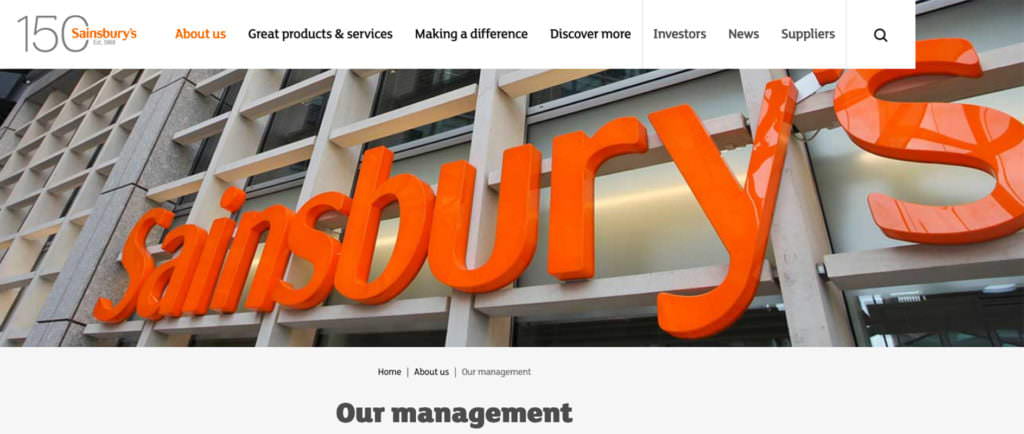 Banner of website showing company name - Sainsburys