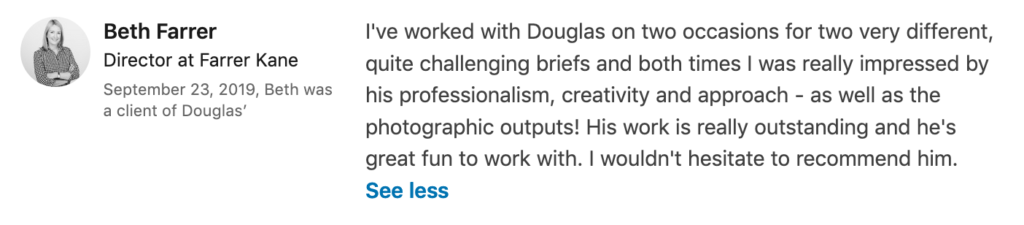 LinkedIn recommendation for various photography projects