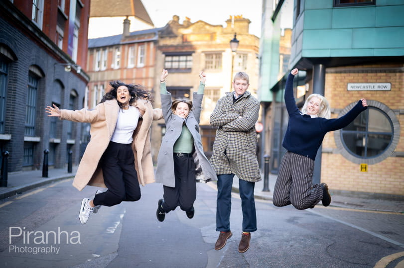 Outdoor photography for London company - jumping in street - fun photograph