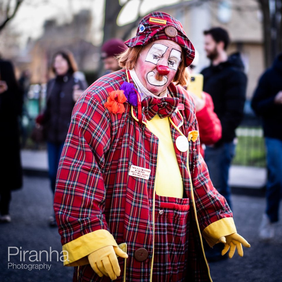 Photography in London of clowns at the Grimaldi service in Haggerston.