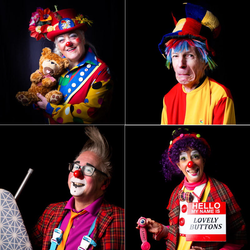 Portrait Photography of Clowns International, Grimaldi Church Service in London 4 Clowns with different props - group of 4 images