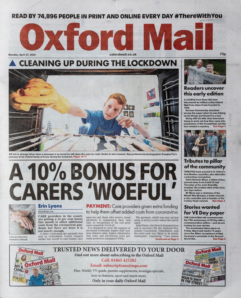 Press coverage of photography project in Oxford Mail - Front page