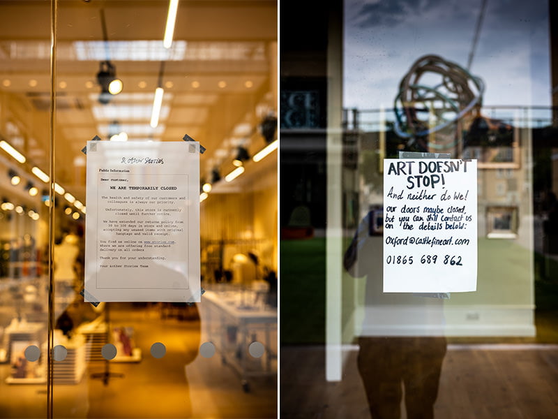 Oxford shop signs explaing closure for Covid-19 pandemic