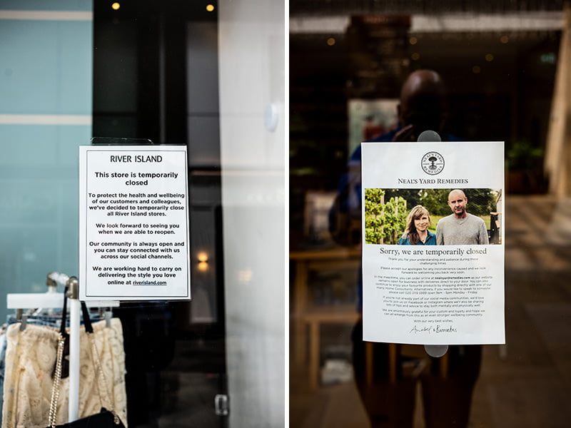 Photography of Shop Closed Notices for Covid-19 3 Shop sign photography of Neals Yard and River Island