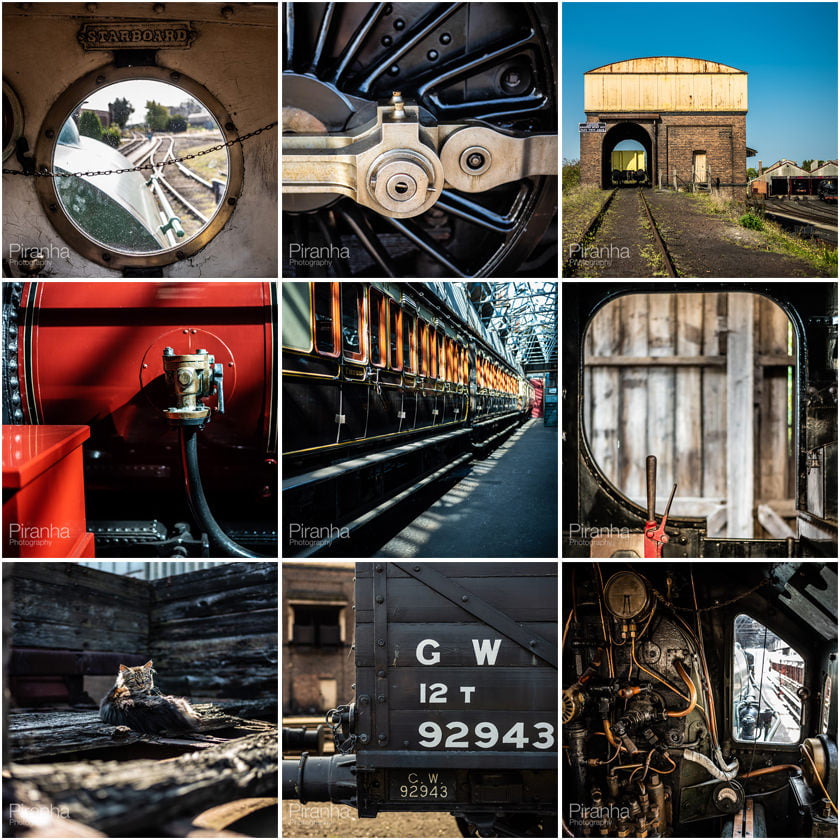 Creative photography shown as a montage of the steam trains and details at Didcot Railway Centre